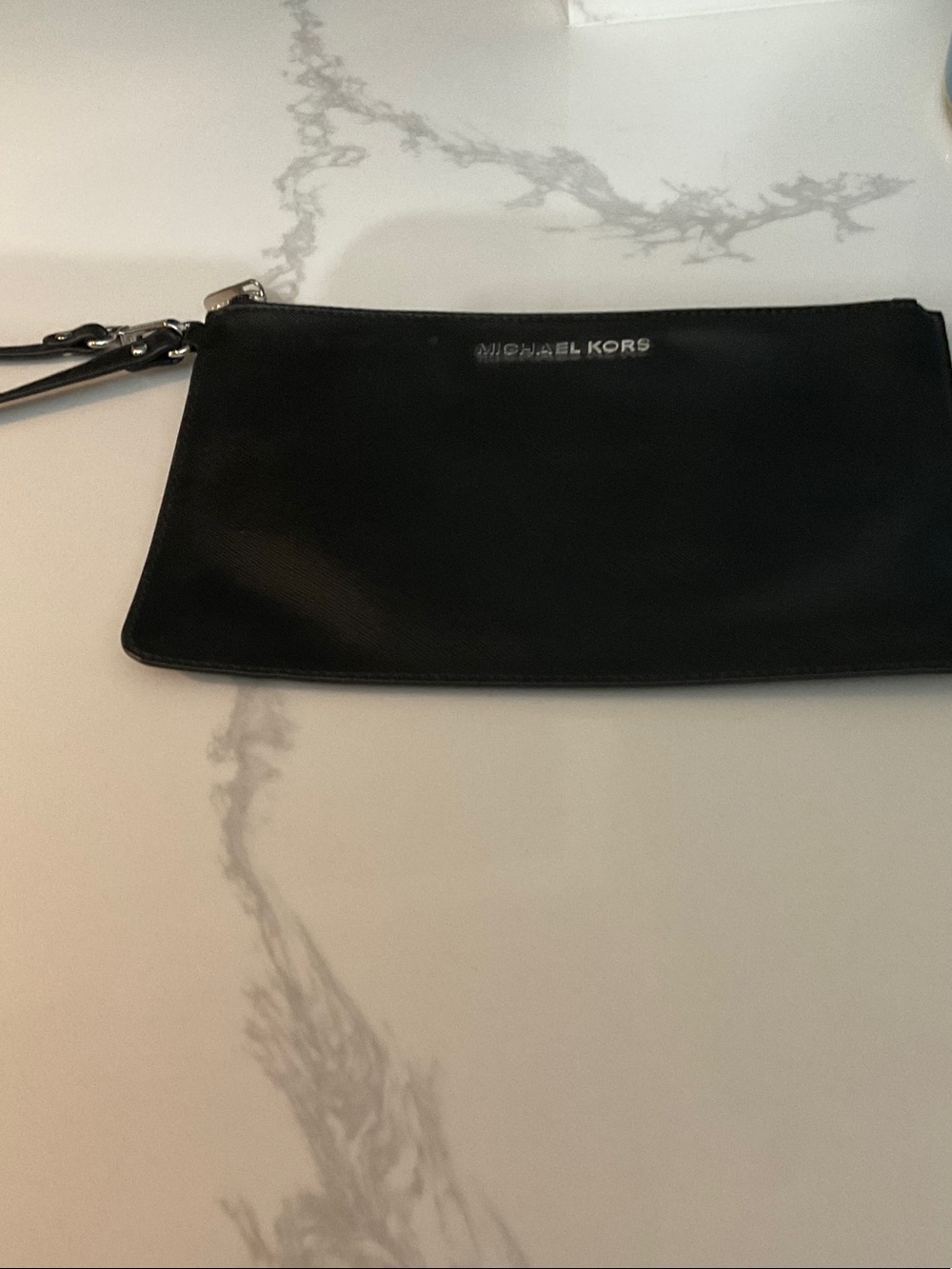 Michael Kors Black Leather Wristlet Clutch with Silver Logo